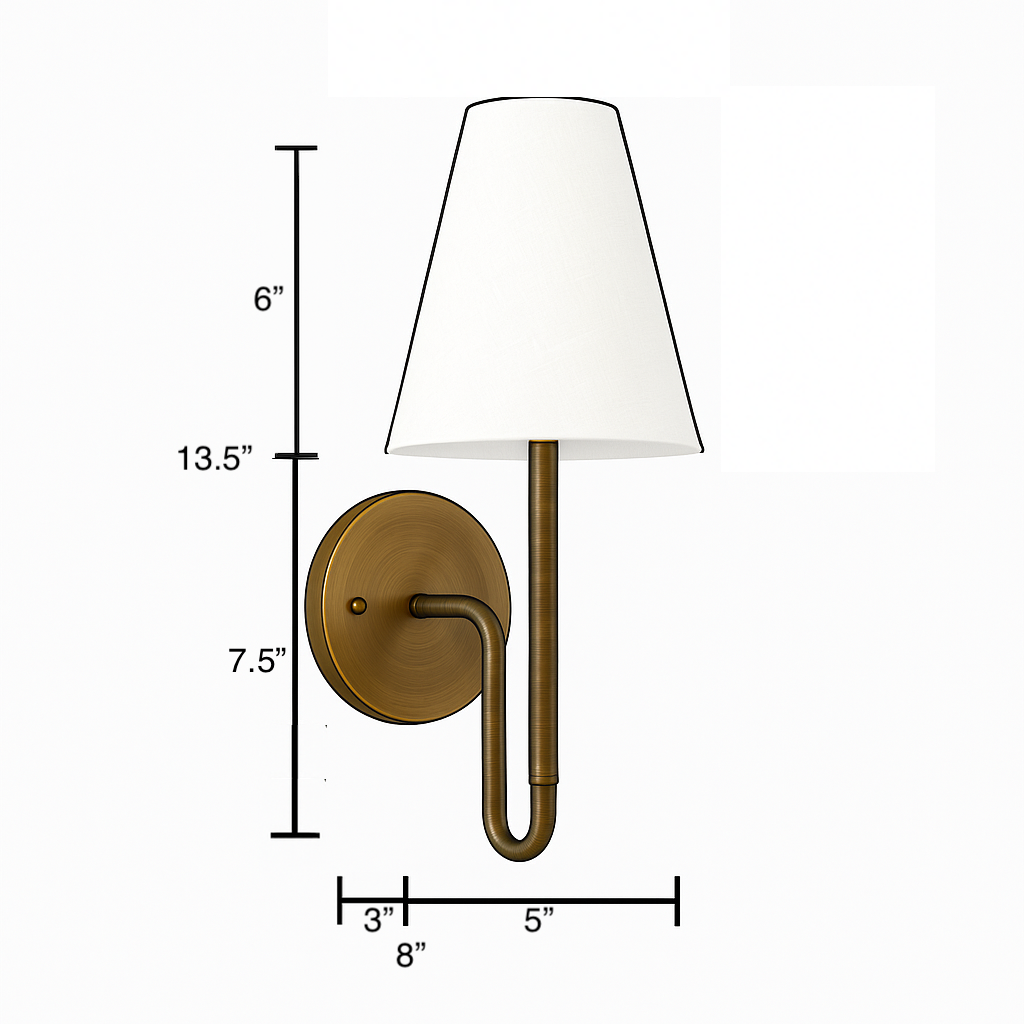 Wall sconce with round bronze base and curved arm, featuring a white tapered fabric shade. - SCONCE MODEL NO. 1007