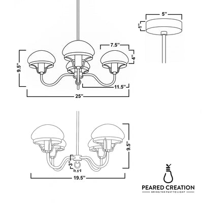 Three-arm chandelier with dome-shaped shades, curved arms, and a central ceiling mount, dimensions indicated. - CHANDELIER MODEL NO. 2136