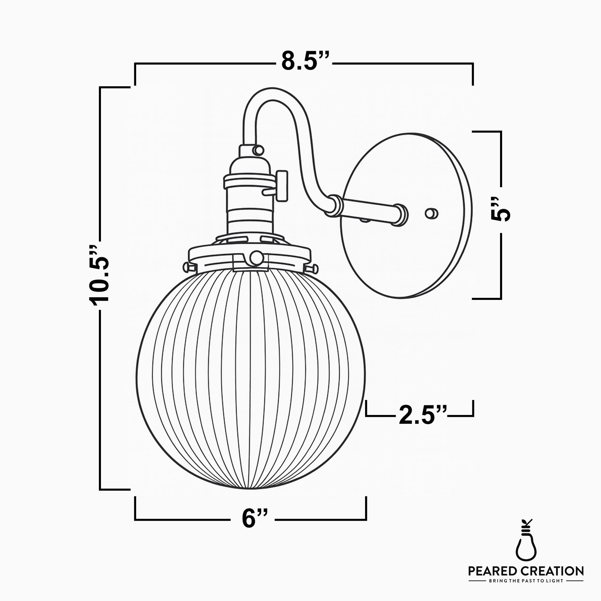 Wall sconce with ribbed glass globe shade and curved arm mounted on round backplate, 10.5 inches tall, 8.5 inches wide. - SCONCE MODEL NO. 3331