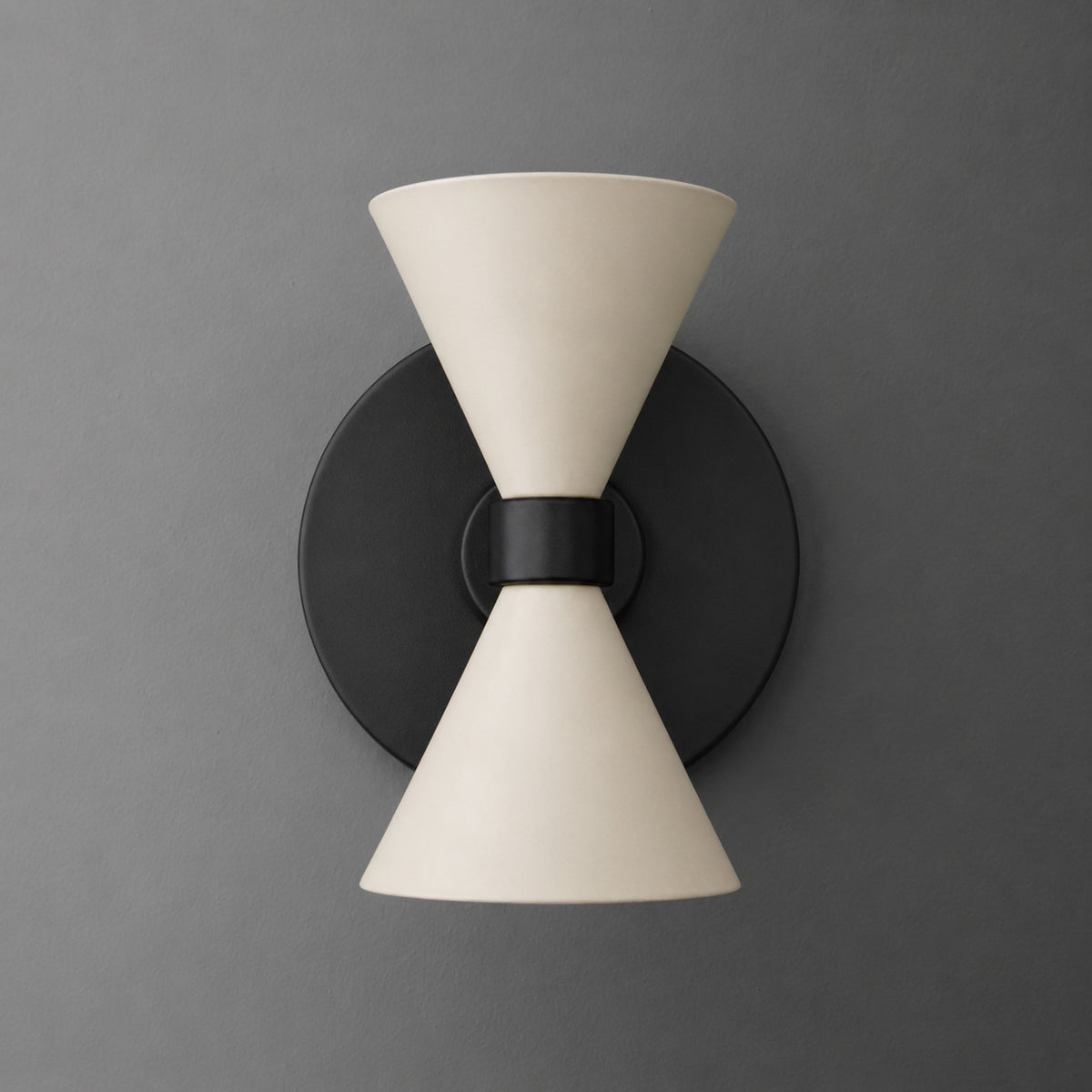 Modern two-bulb wall sconce with matte black circular base and white hourglass-shaped shades. - SCONCE MODEL NO. 5143
