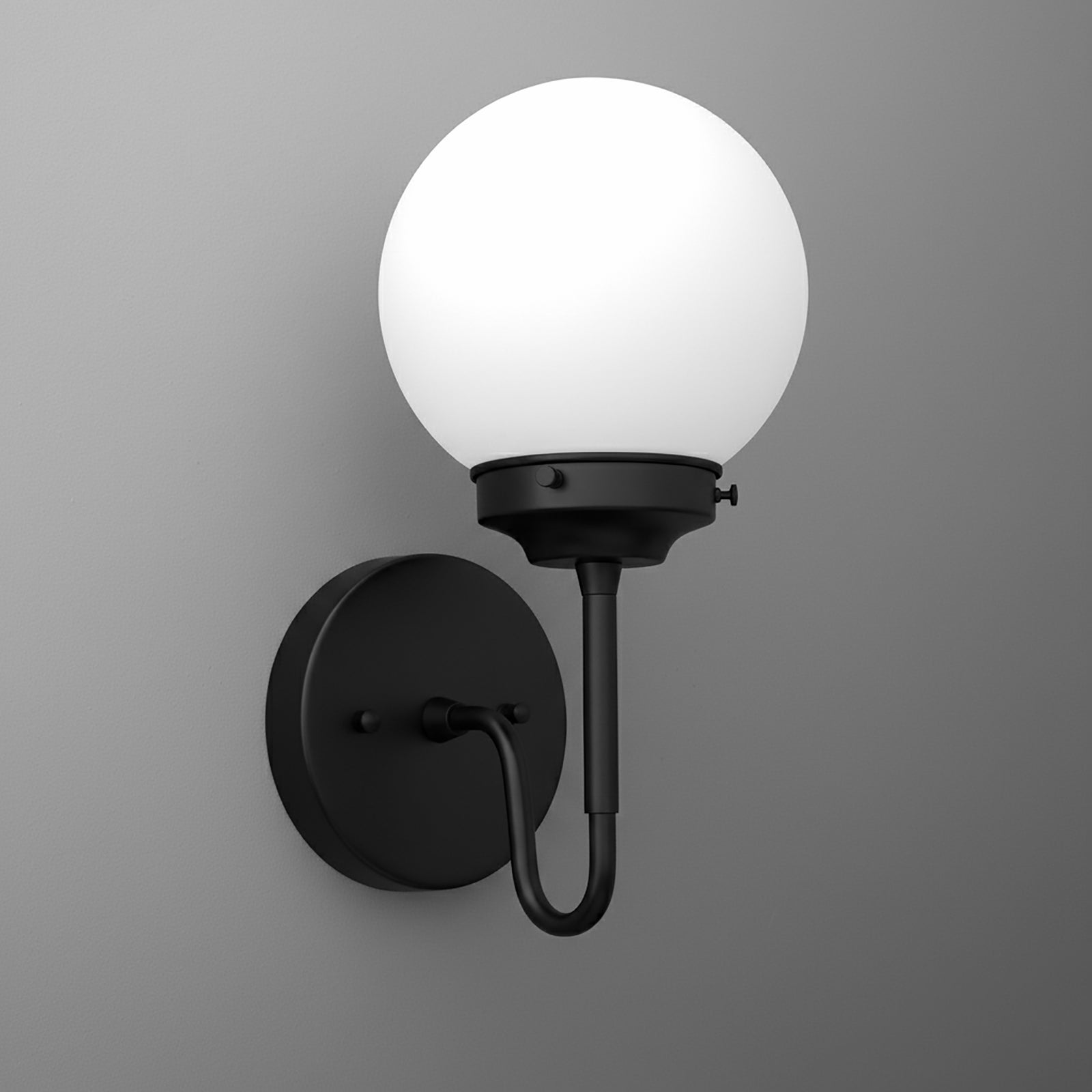 Matte black metal wall sconce with a curved arm and a frosted white glass globe shade. - SCONCE MODEL NO. 3690