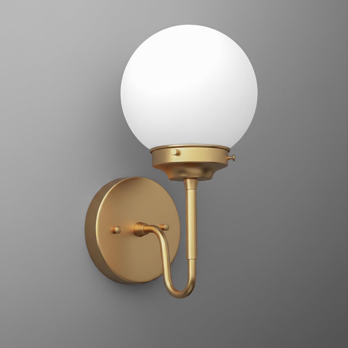 Wall sconce with matte gold metal base and arm, featuring a round white glass globe shade. - SCONCE MODEL NO. 3690