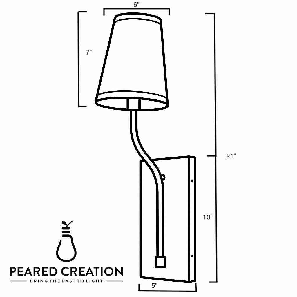 Wall sconce with curved arm, tapered fabric shade 6" wide, mounted on rectangular metal backplate 10" tall. - SCONCE MODEL NO. 9714