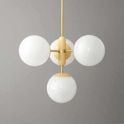 Scandinavian Art Deco chandelier with four white glass globes and gold metal frame. - CHANDELIER MODEL NO. 4321