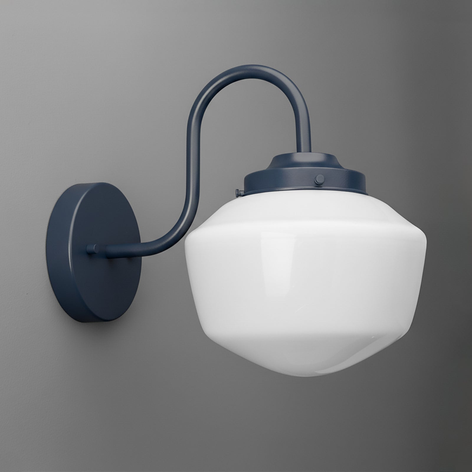 Gooseneck sconce powder coated in Coal Blue with an opal glass schoolhouse shade on a round wall plate. - SCONCE MODEL NO. 5446