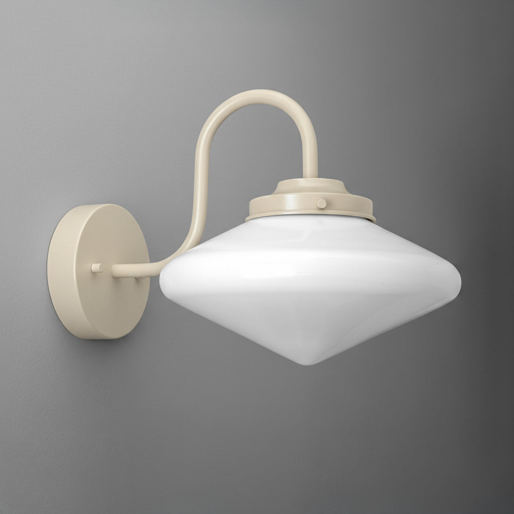 Beige metal wall sconce with curved arm and large white opaque glass shade. - SCONCE MODEL NO. 1019