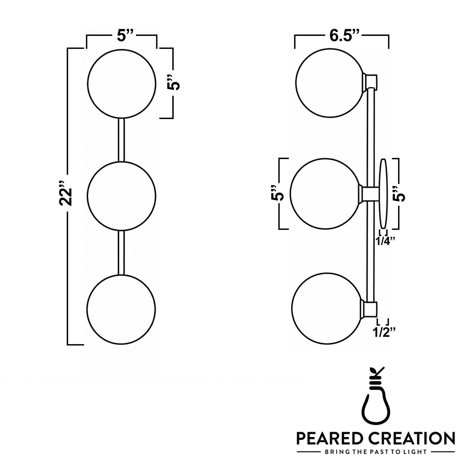 Modern 3-bulb wall sconce with three round shades on a vertical metal bar, 22 inches tall, 5-inch diameter shades. - SCONCE MODEL NO. 9250