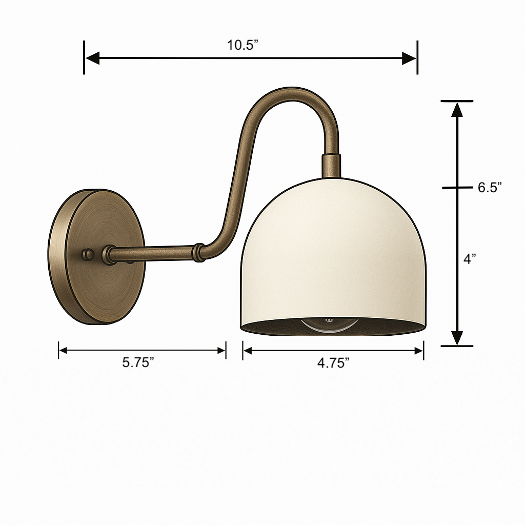 Antique brass wall sconce with curved arm and cream dome shade, 10.5" wide, 6.5" tall. - SCONCE MODEL NO. 3628