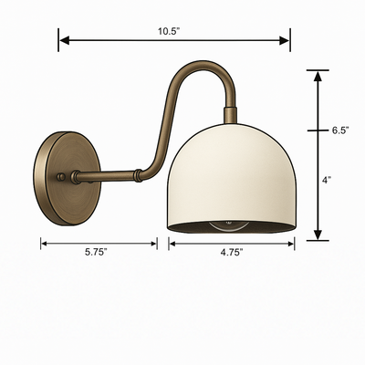 Antique brass wall sconce with curved arm and cream dome shade, 10.5" wide, 6.5" tall. - SCONCE MODEL NO. 3628