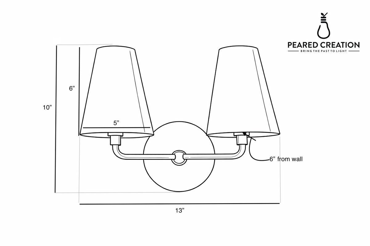 Double-bulb wall sconce with bronze finish, round backplate, and tapered beige fabric shades. - SCONCE MODEL NO. 1315