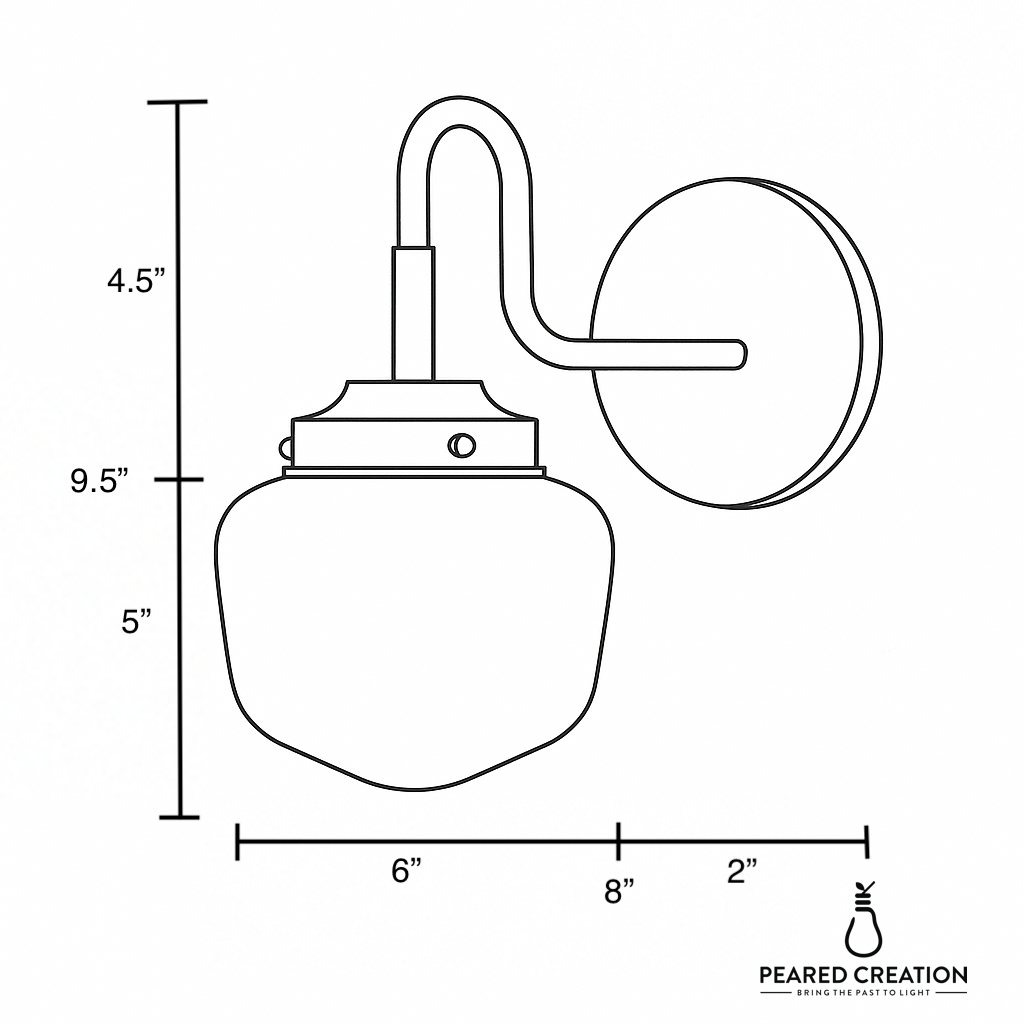Metal wall sconce with curved arm, round backplate, and frosted glass shade, 9.5 inches tall. - SCONCE MODEL NO. 1084