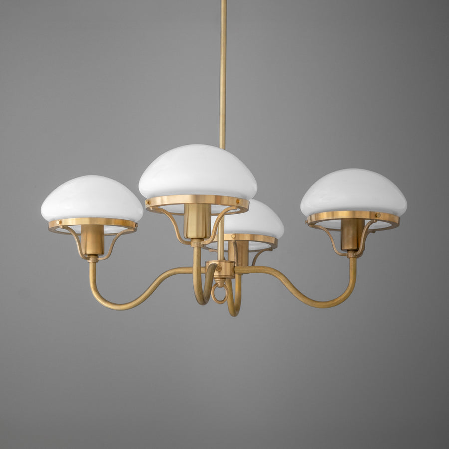 Brass chandelier with five curved arms and white dome glass shades suspended on a brass rod. - CHANDELIER MODEL NO. 2136