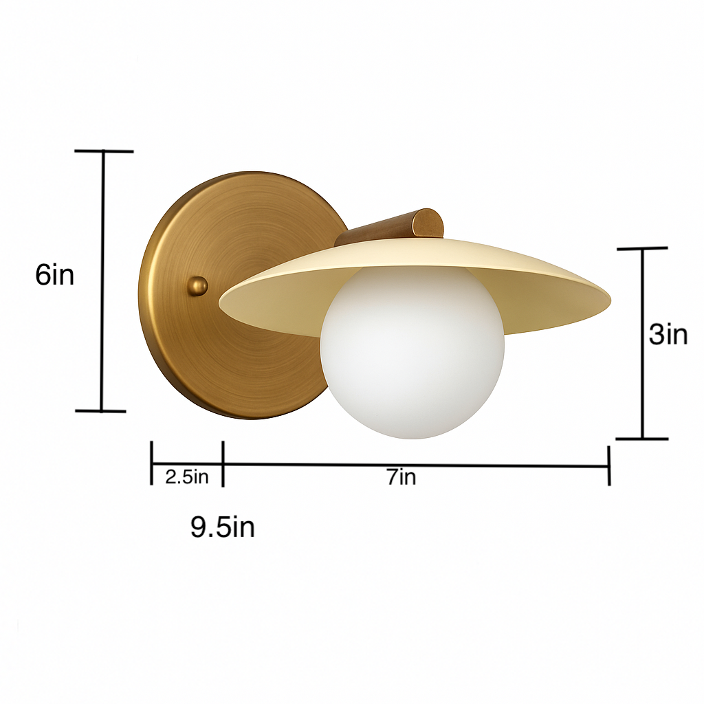 Antique brass wall sconce with cream flat dome shade and frosted globe bulb, 9.5 inches wide. - SCONCE MODEL NO. 9875