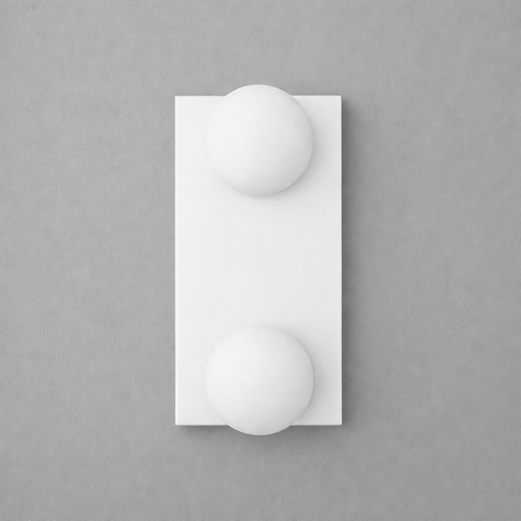 Modern white rectangular wall sconce with two round frosted glass bulbs vertically aligned. - SCONCE MODEL NO. 4016