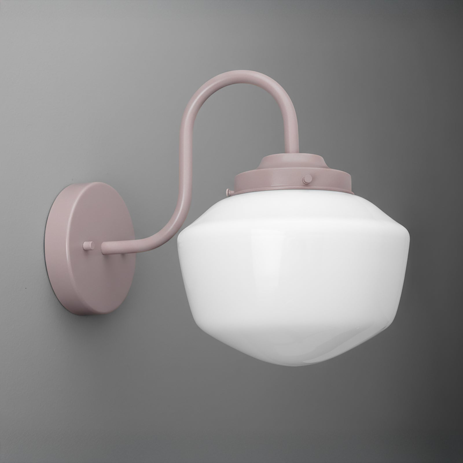 Gooseneck sconce powder coated in Mauve with an opal glass schoolhouse shade on a round wall plate. - SCONCE MODEL NO. 5446