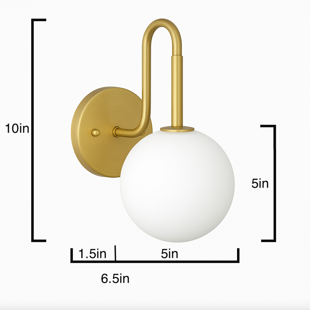 Wall sconce with round white glass globe and curved raw brass arm measuring 10 inches tall. - SCONCE MODEL NO. 9105