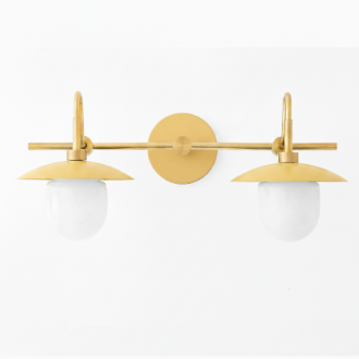 Matte gold double vanity light fixture with two white globe bulbs and flat disc shades. - VANITY LIGHT MODEL NO. 0347