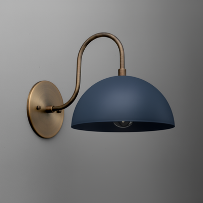 Antique brass wall sconce with a dome-shaped coal blue metal shade and exposed bulb design. - SCONCE MODEL NO. 9092