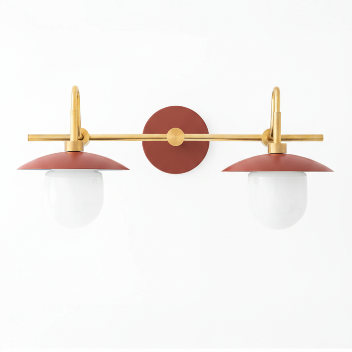Wall-mounted vanity light with two white globe bulbs, matte rust red domes, and gold metal accents. - VANITY LIGHT MODEL NO. 0347