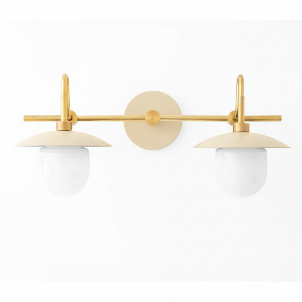 Brushed brass two-globe vanity light with round backplate and Art Deco-inspired curved shades. - VANITY LIGHT MODEL NO. 0347