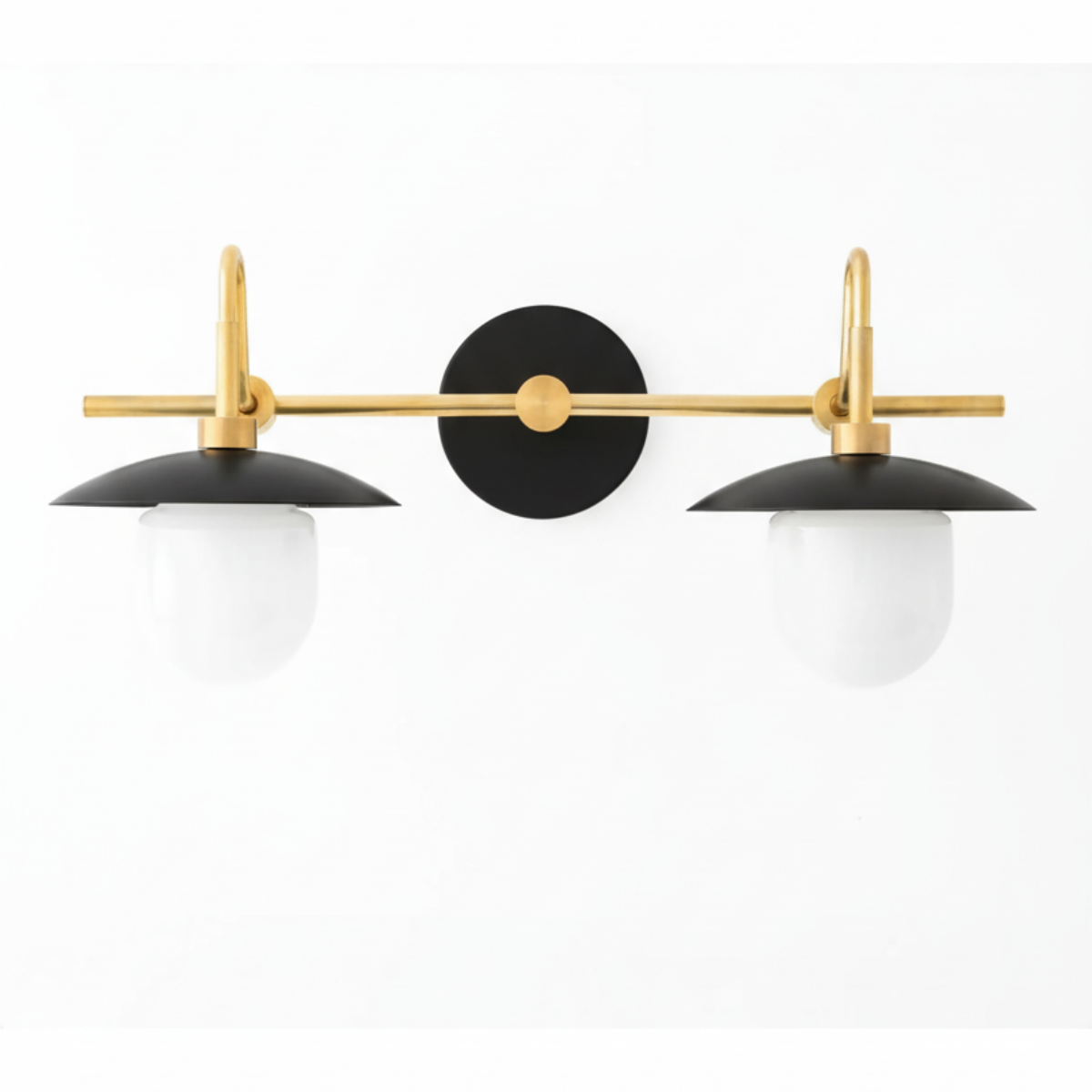 Two-bulb vanity light with matte black shades, white glass globes, and brass accents on a round black wall plate. - VANITY LIGHT MODEL NO. 0347