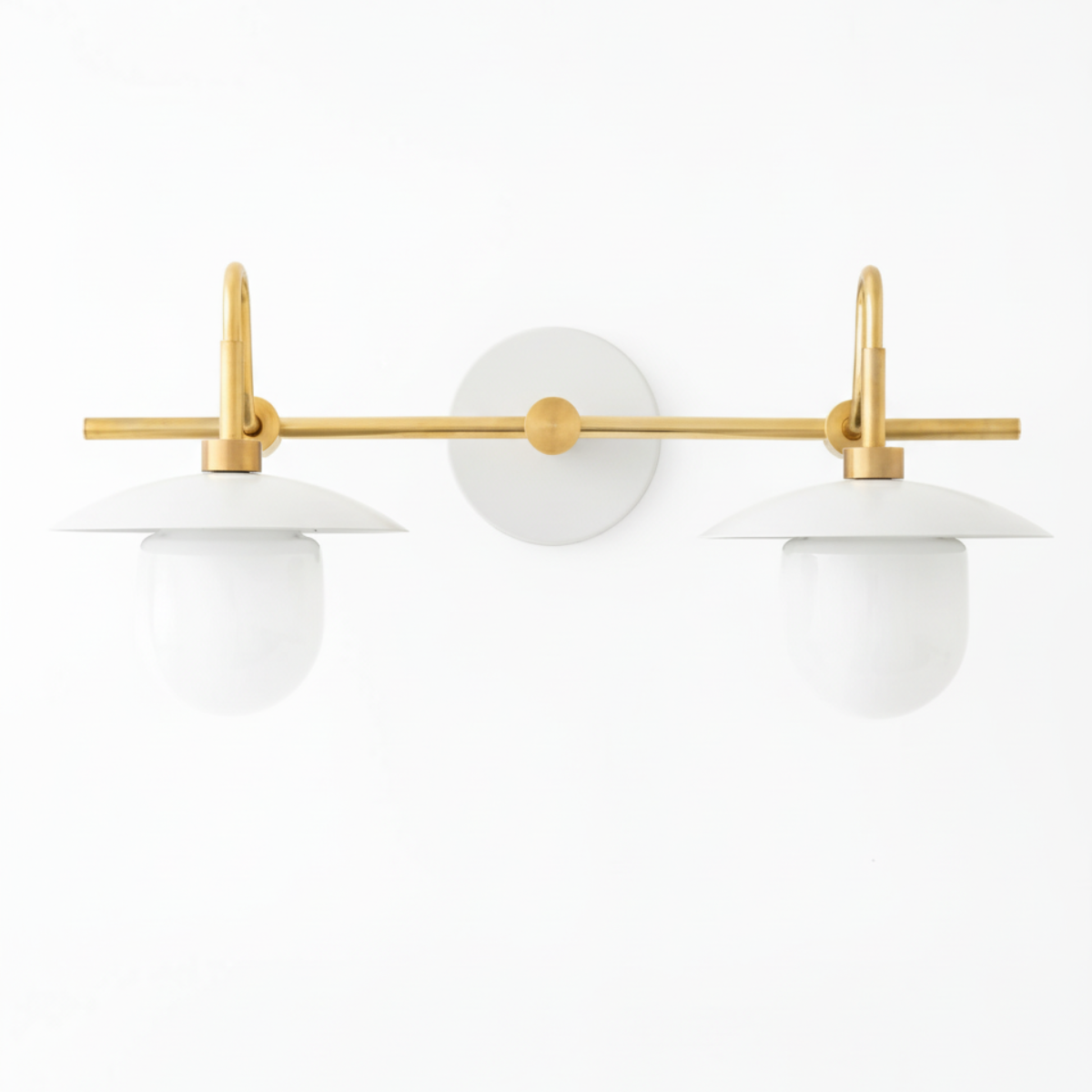 Scandinavian style vanity light with white globe bulbs and brushed brass horizontal bar mount. - VANITY LIGHT MODEL NO. 0347