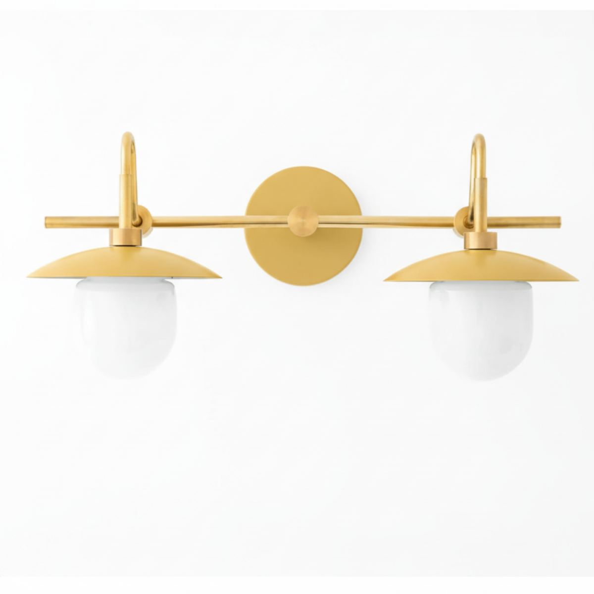 Brass-finished 2-bulb vanity light with rounded white globe bulbs and flat dome shades. - VANITY LIGHT MODEL NO. 0347