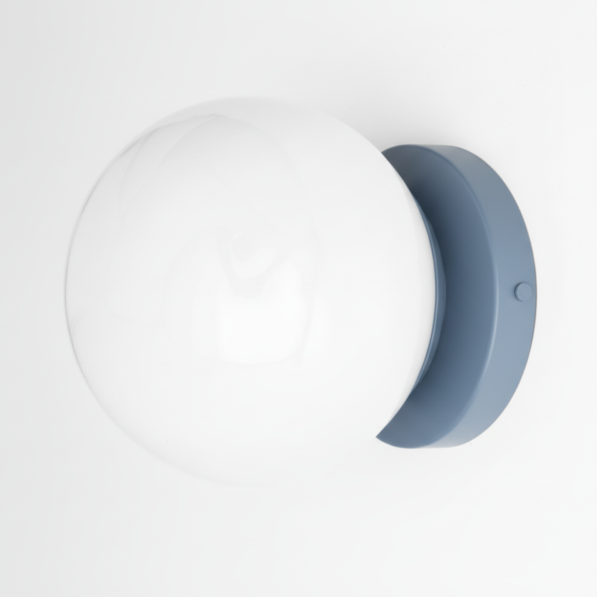 Mid-century modern wall sconce with white globe shade and matte periwinkle blue flush mount base. - SCONCE MODEL NO. 3825