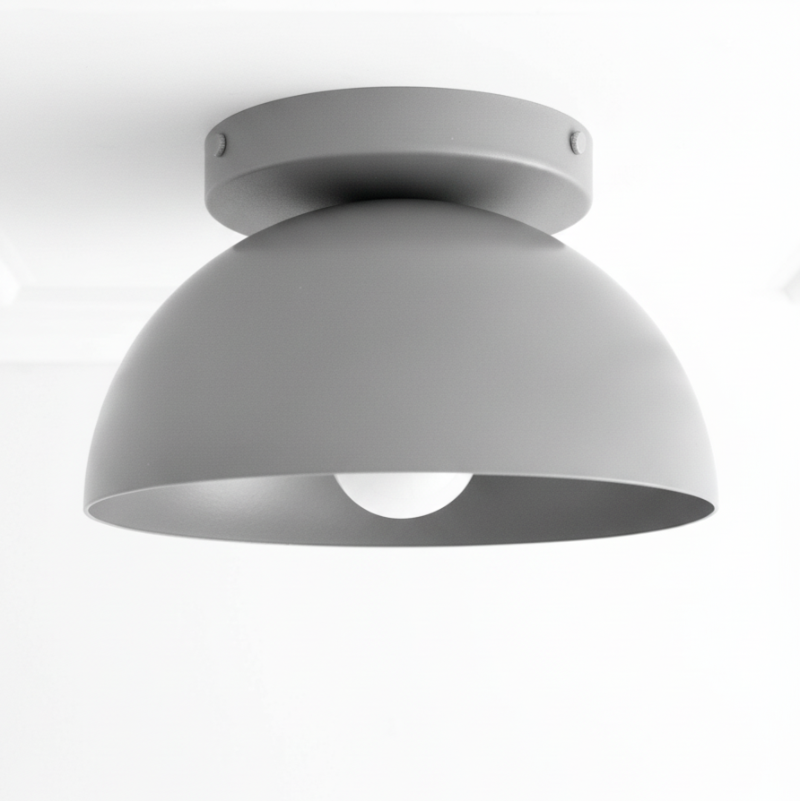 Matte gray dome-shaped flush mount ceiling light with smooth metal shade and visible bulb interior. - CEILING LIGHT MODEL NO. 9105