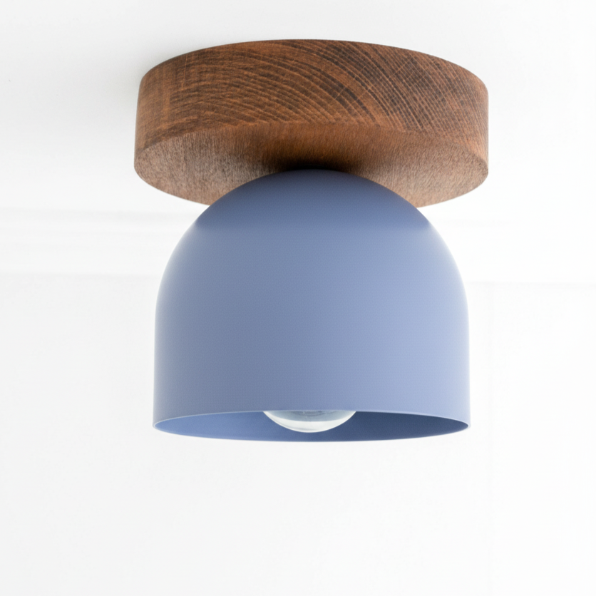 Flush mount ceiling light with matte periwinkle shade and natural oak wood base. - CEILING LIGHT MODEL NO. 1107