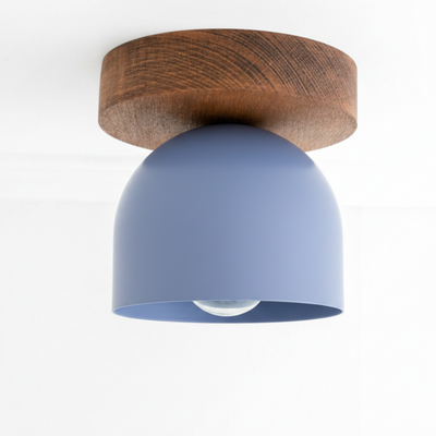 Flush mount ceiling light with matte periwinkle shade and natural oak wood base. - CEILING LIGHT MODEL NO. 1107