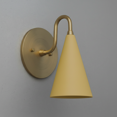 Antique brass wall sconce with matte yellow conical shade and curved arm. - Sconce Model No. 2900