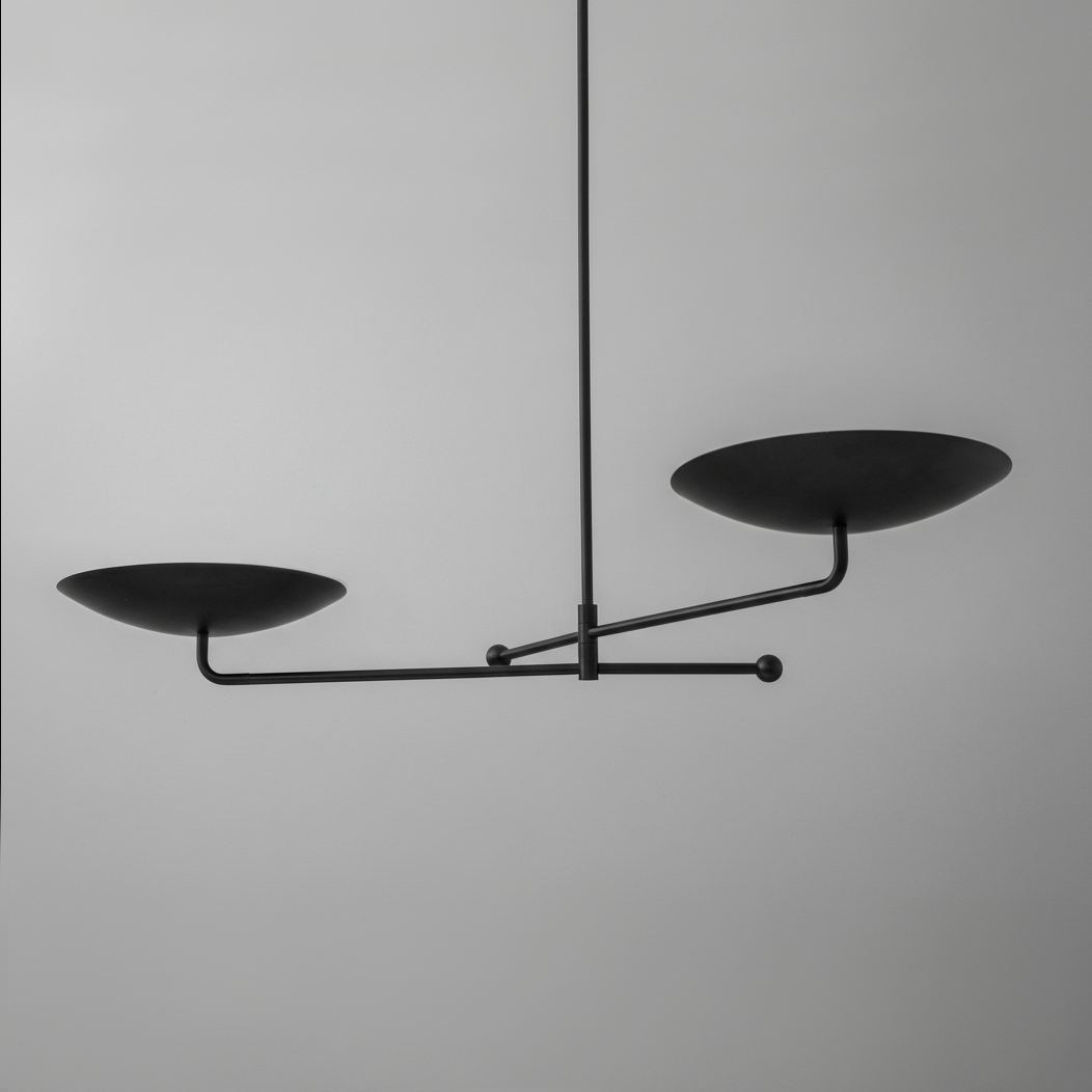 Minimalist modern black metal chandelier with two flat circular shades and horizontal arms. - CHANDELIER MODEL NO. 0680
