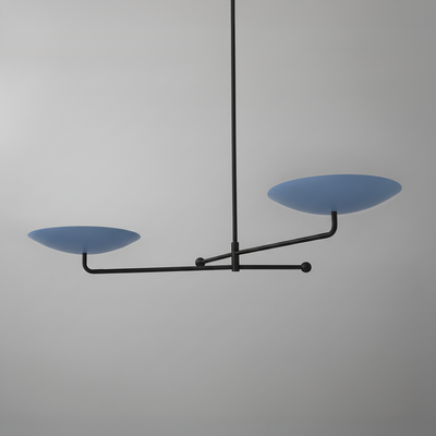 Modern chandelier with black metal frame and two large flat blue disc-shaped shades extending horizontally. - CHANDELIER MODEL NO. 0680