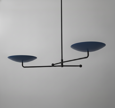 Minimalist black metal chandelier with two wide, shallow navy blue disc-shaped shades suspended asymmetrically. - CHANDELIER MODEL NO. 0680