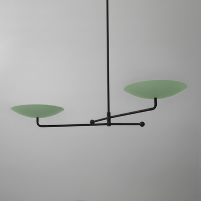 Modern black metal chandelier with two matte green disc-shaped shades on horizontal arms. - CHANDELIER MODEL NO. 0680
