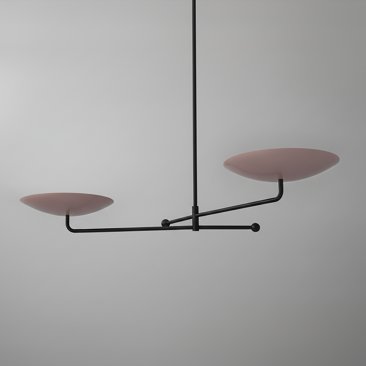 Modern black metal chandelier with two mauve disc-shaped light shades on horizontal arms. - CHANDELIER MODEL NO. 0680