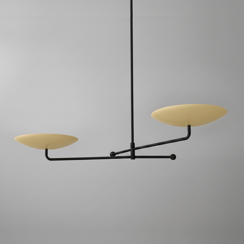 Modern black metal chandelier with two large matte yellow disc-shaped shades on asymmetric arms. - CHANDELIER MODEL NO. 0680