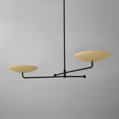 Modern black metal chandelier with two large matte yellow disc-shaped shades on asymmetric arms. - CHANDELIER MODEL NO. 0680