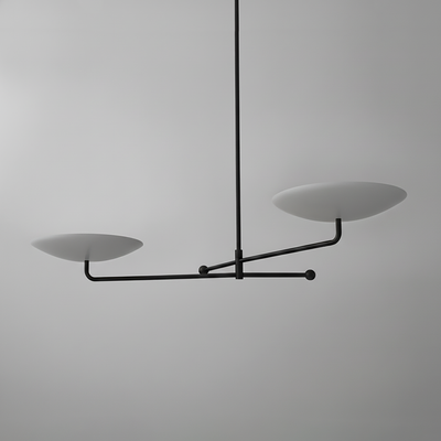 Modern black metal chandelier with two large matte white disc-shaped shades on horizontal arms. - CHANDELIER MODEL NO. 0680