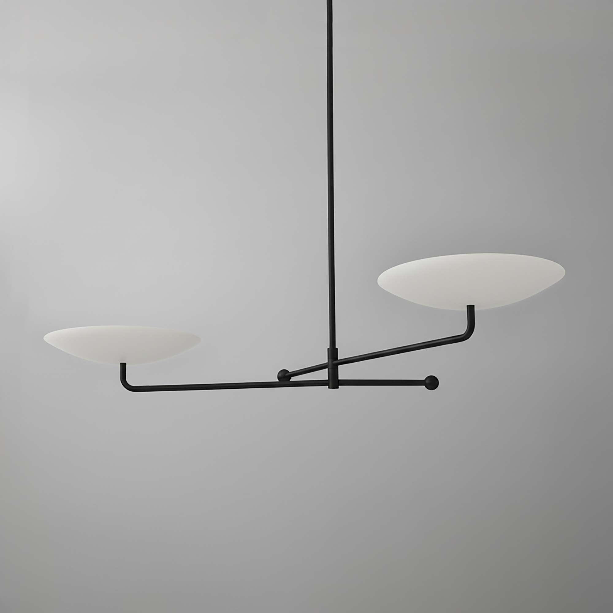 Modern black metal chandelier with two large white disc-shaped glass shades on horizontal arms. - CHANDELIER MODEL NO. 0680