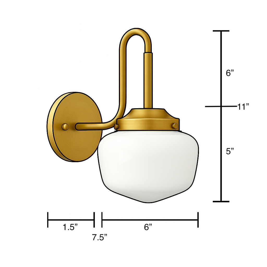Wall-mounted sconce with matte brass finish, curved arm, and rounded white glass shade. - SCONCE MODEL NO. 1020