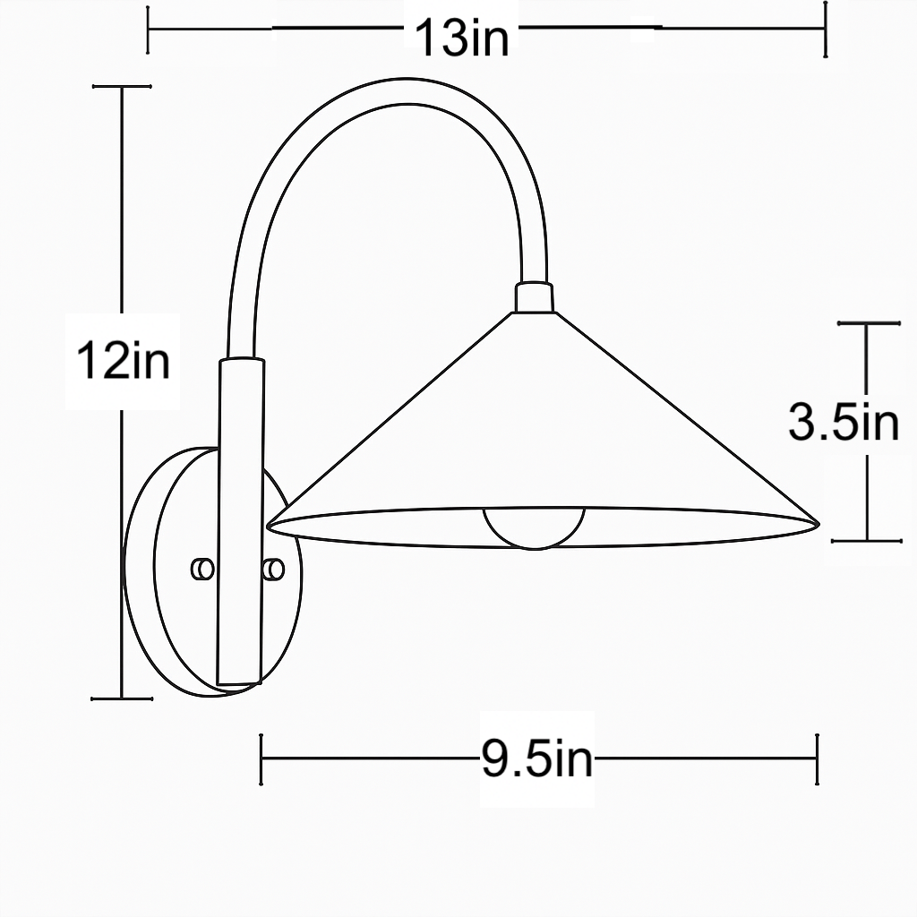Black metal wall sconce with conical shade and curved arm, 13-inch width, 12-inch height. - Sconce Model No. 1583