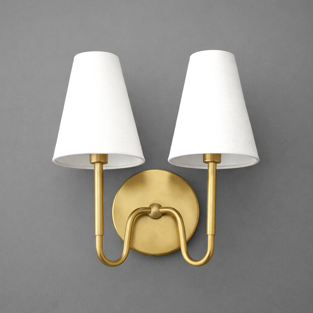 Two-bulb wall sconce with brass finish and white tapered fabric shades against gray background. - SCONCE MODEL NO. 5265