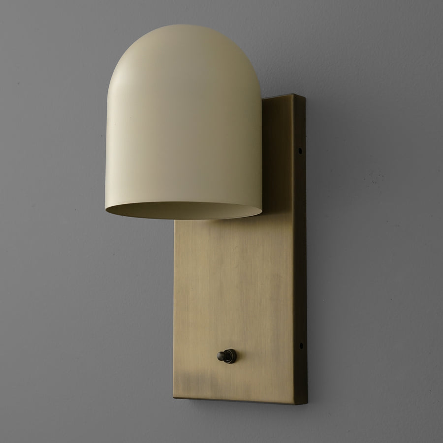 Antique brass wall sconce with smooth cream-colored dome shade and rectangular backplate. - SCONCE MODEL NO. 6029