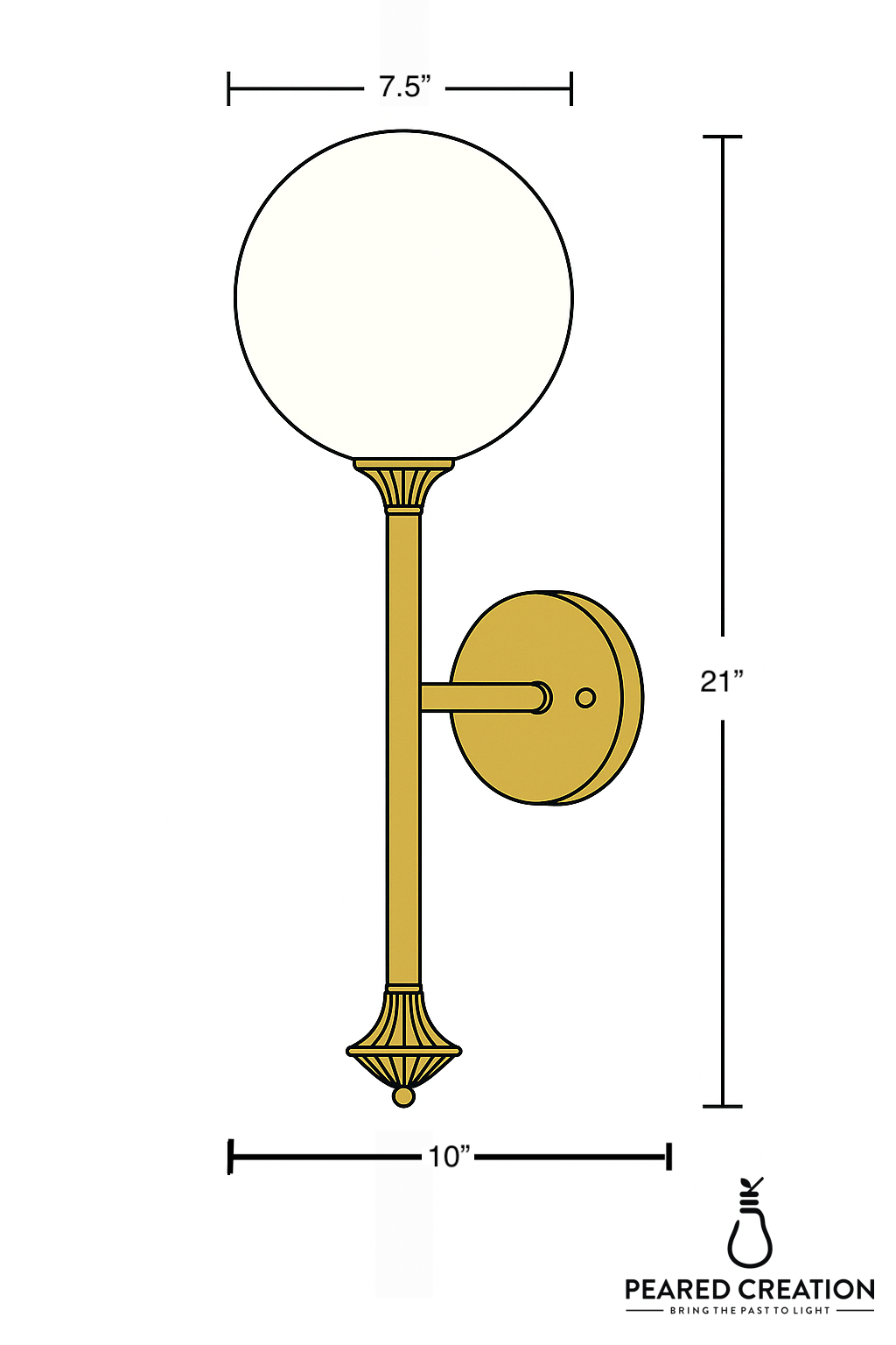 Wall sconce with a round white glass globe shade and a slender brass stem mounted on a circular brass base. - SCONCE MODEL NO. 1059
