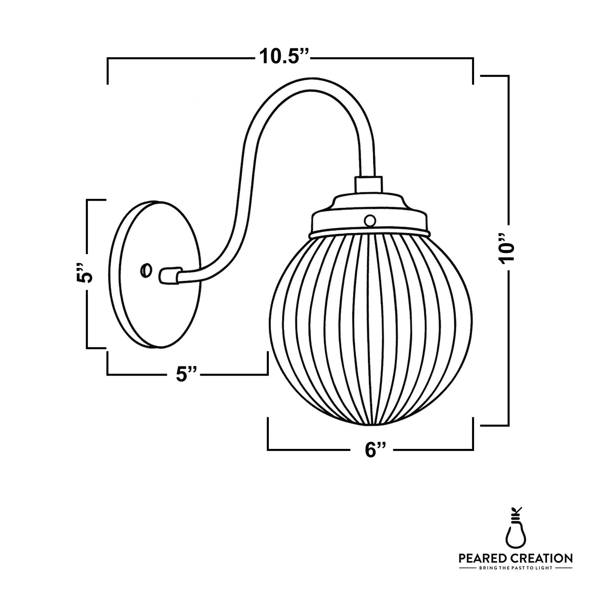 Wall sconce with curved arm and ribbed globe shade, 10.5" wide by 10" tall. - SCONCE MODEL NO. 0691