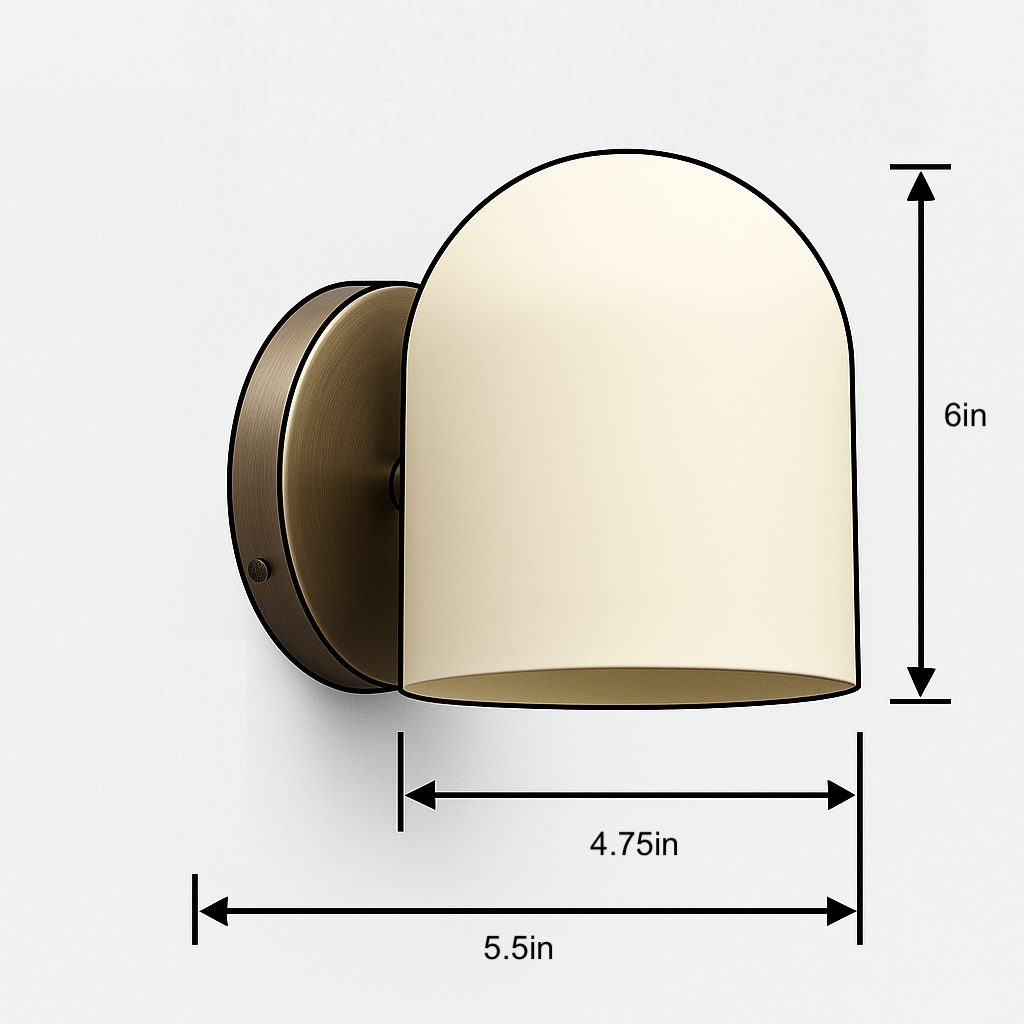 Antique brass wall sconce with smooth cream dome shade, 6-inch height, 5.5-inch depth. - SCONCE MODEL NO. 2424