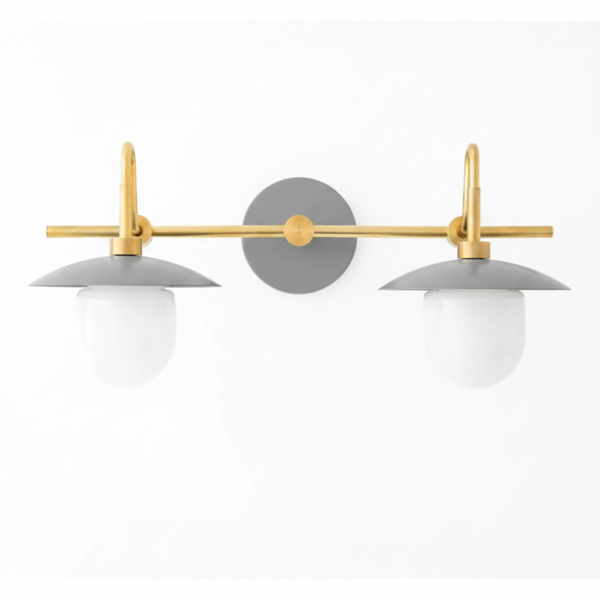 Raw brass and gray two-bulb vanity light with globe shades and art deco design. - VANITY LIGHT MODEL NO. 0347