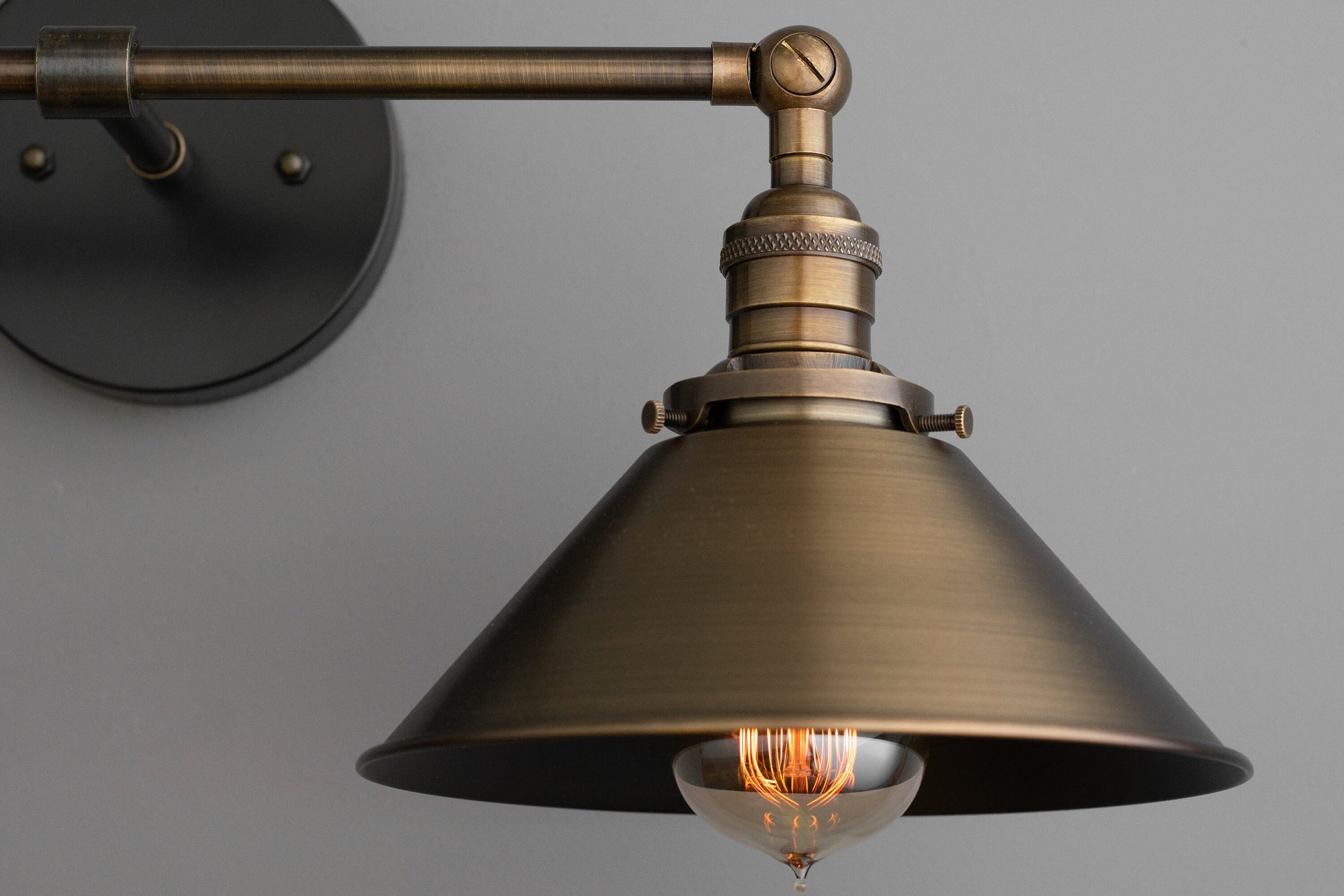 Two-bulb antique brass vanity light with industrial cone shade and exposed filament bulbs. - VANITY LIGHT MODEL NO. 1861